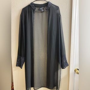 Black Coverup/ kimono with beaded collar and sleeves